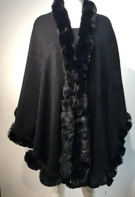 Cape-Faux Fur-Fur-Capes-ruana-coat-blanket-Caplet-Wrap-Shrug-Sweater-Poncho-dress shawl (Wool blend cape with faux fur trim - Ebony Black)