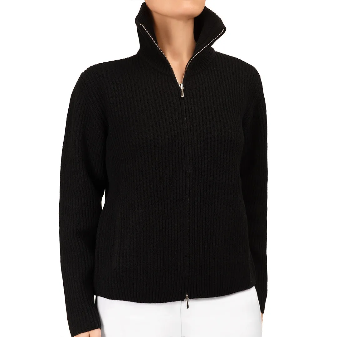 Cashmere & Wool Rib Zip Cardigan in Black