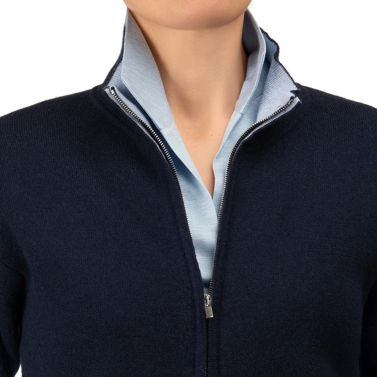 Cashmere & Wool Zip Cardigan in Navy