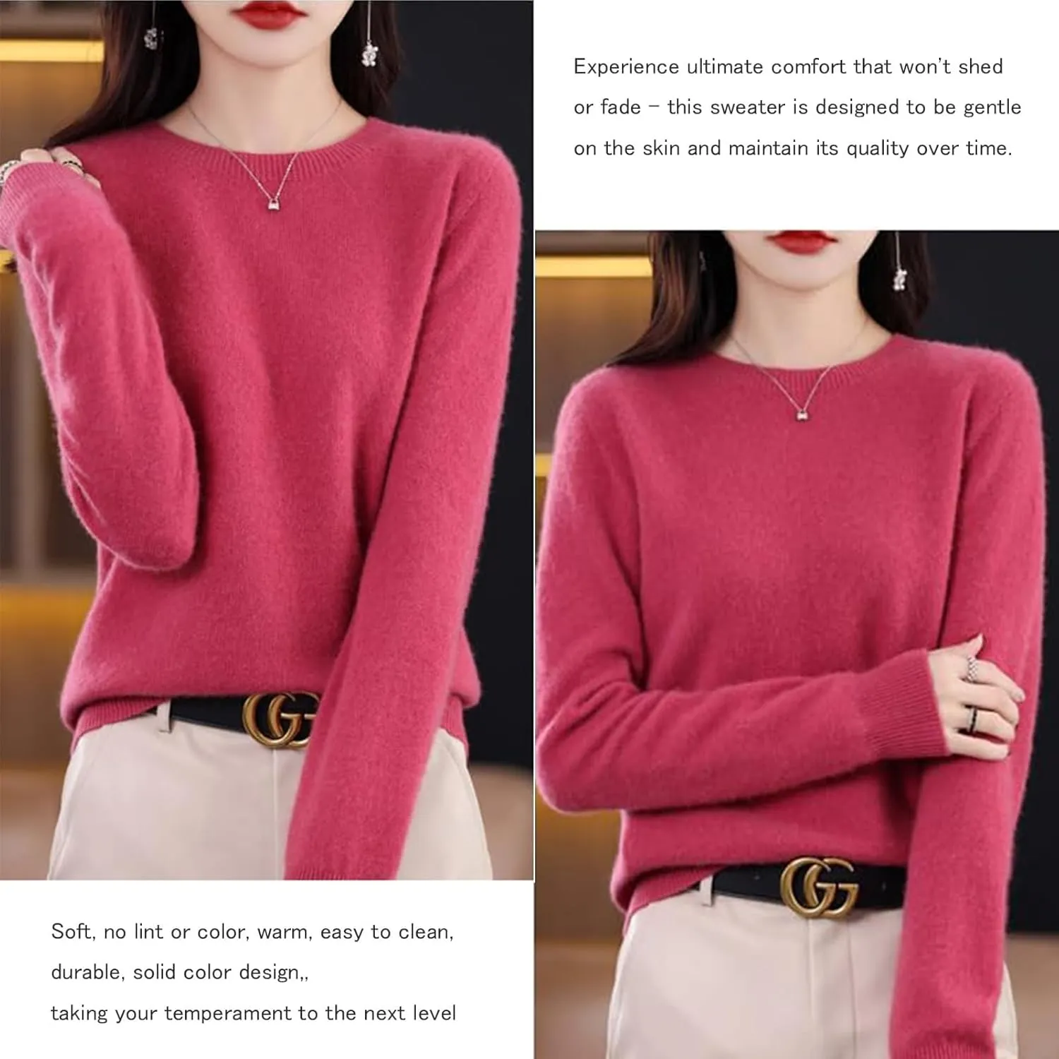 Cashmere Sweater for Women - Crew Neck Lightweight Soft Warm Pullover Knitted Jumper