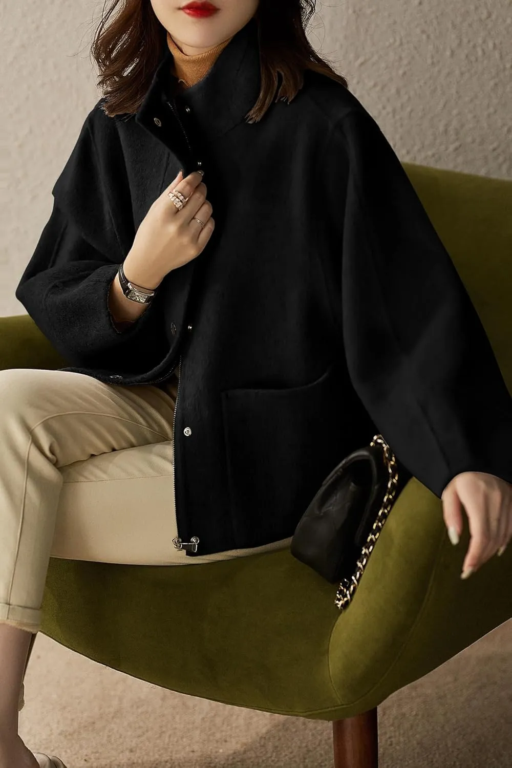 chouyatou Women's Casual Stand Collar Single Breasted Short Wool Pea Coat Overcoat with Pockets