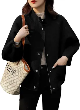 chouyatou Women's Casual Stand Collar Single Breasted Short Wool Pea Coat Overcoat with Pockets