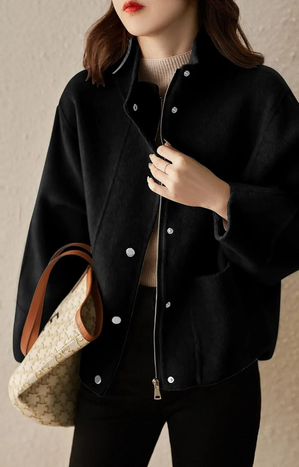 chouyatou Women's Casual Stand Collar Single Breasted Short Wool Pea Coat Overcoat with Pockets