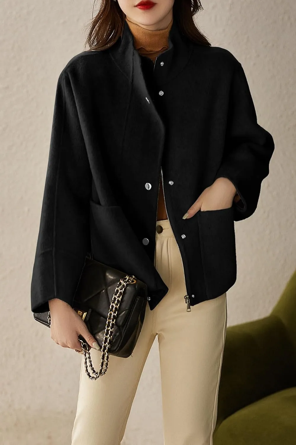 chouyatou Women's Casual Stand Collar Single Breasted Short Wool Pea Coat Overcoat with Pockets