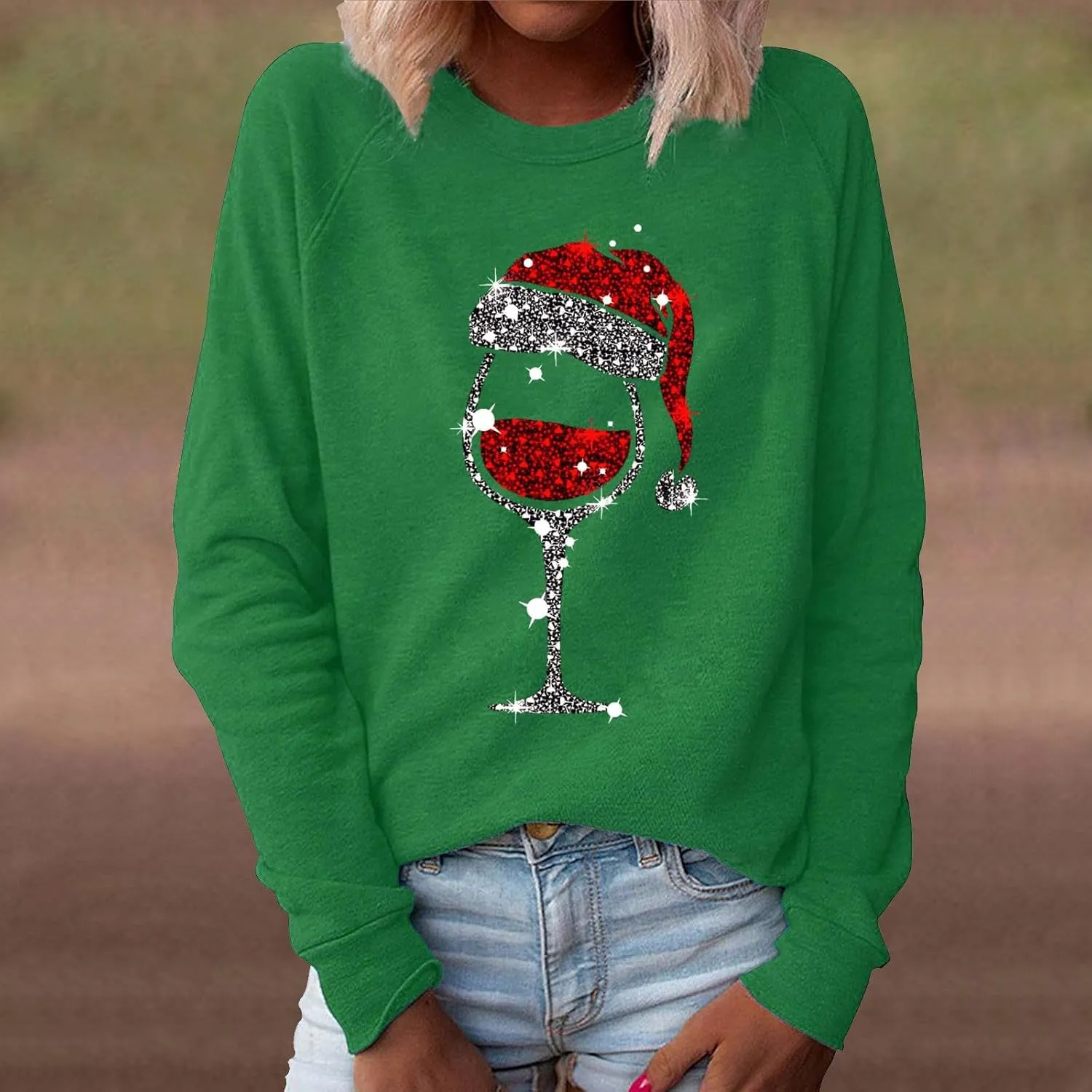 Christmas Sweater for Women 2024 Red Wine Glass Graphic Pullover Fleece Warm Long Sleeve Shirt Crewneck Holiday Xmas Sweaters