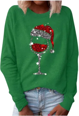 Christmas Sweater for Women 2024 Red Wine Glass Graphic Pullover Fleece Warm Long Sleeve Shirt Crewneck Holiday Xmas Sweaters