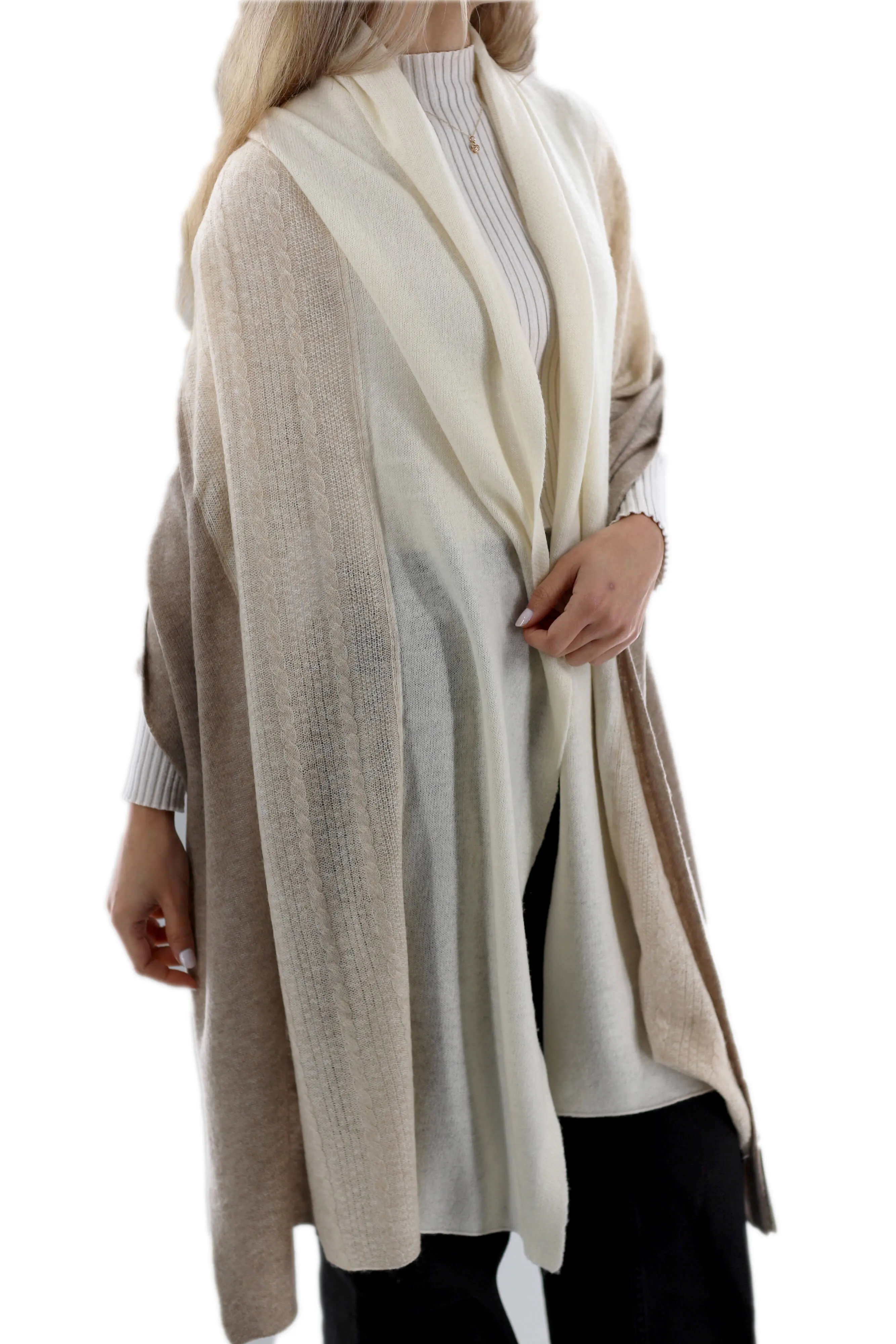 Color block Cashmere Blend Scarf - Ivory/Beige One Size