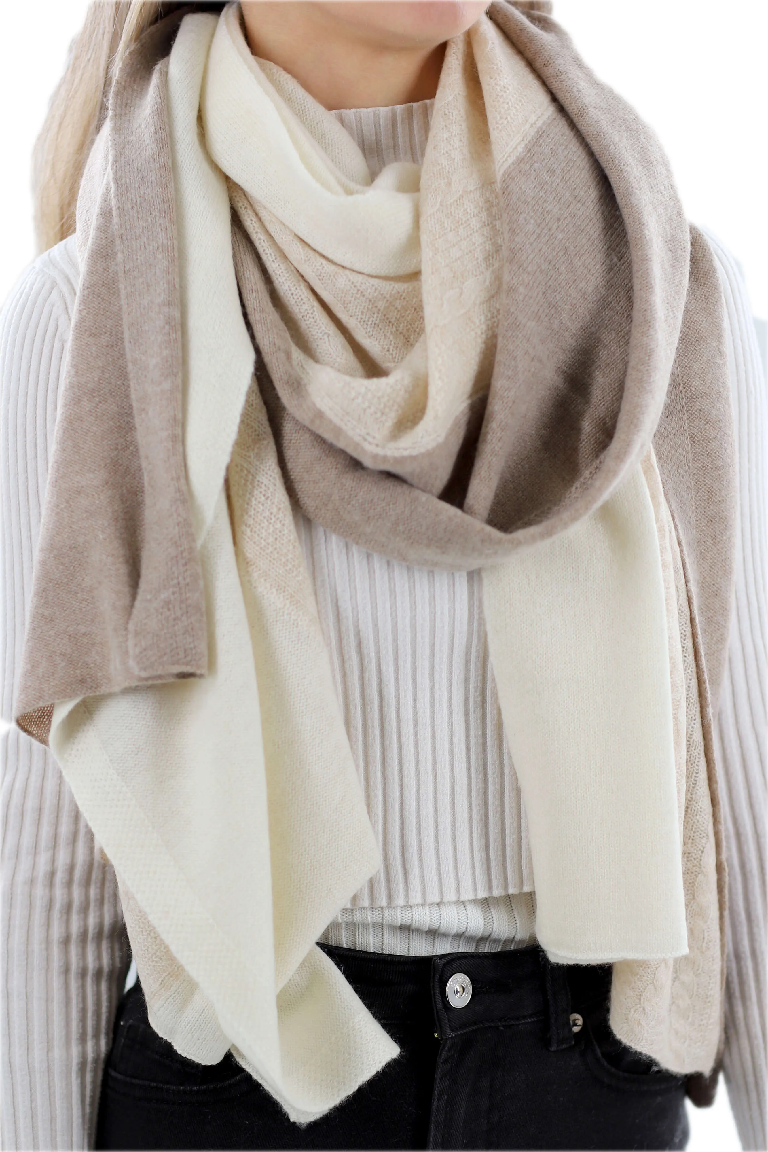 Color block Cashmere Blend Scarf - Ivory/Beige One Size