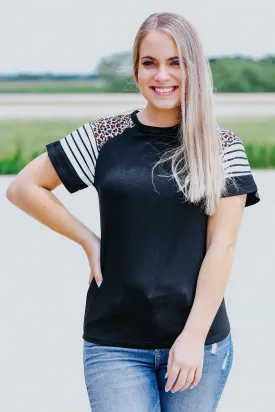 Complicated Love Stripes Leopard Short Sleeve Top in Black