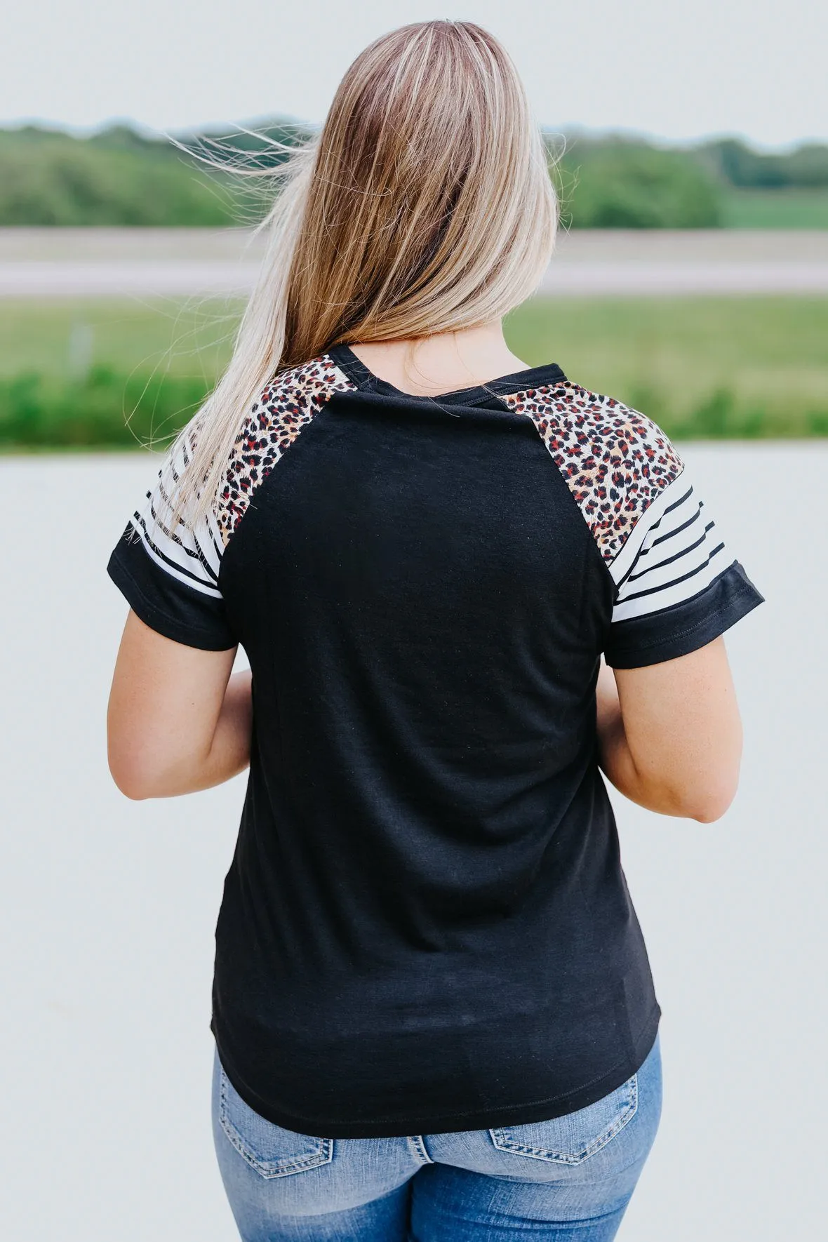 Complicated Love Stripes Leopard Short Sleeve Top in Black