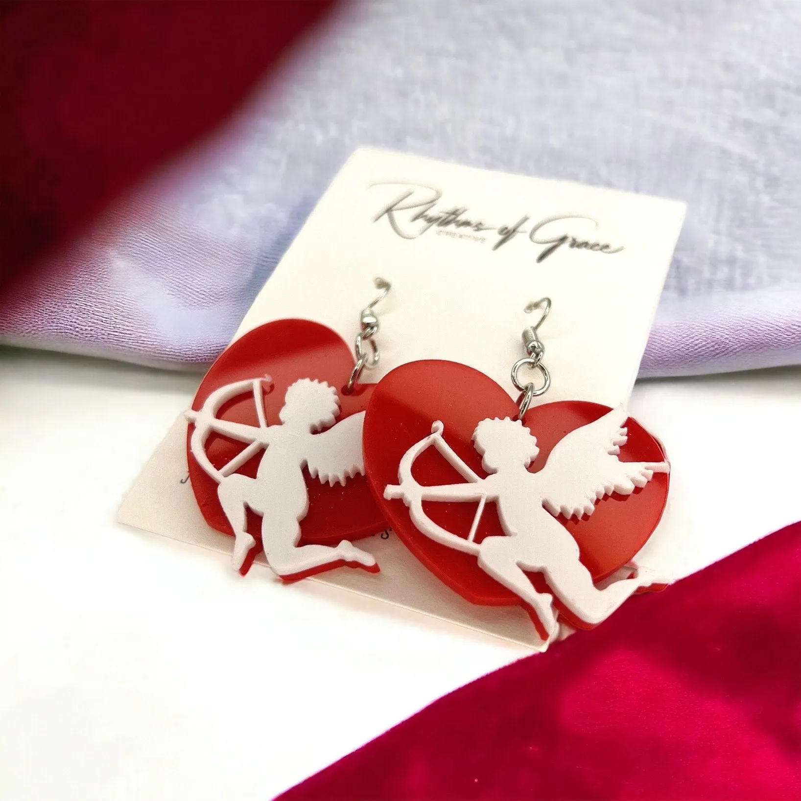 Cupid Earrings - Valentine’s Day, Heart Earrings, Valentine’s Earrings, Valentine Gift, Anniversary, Love Earrings, Cupid’s Arrow, Red Heart