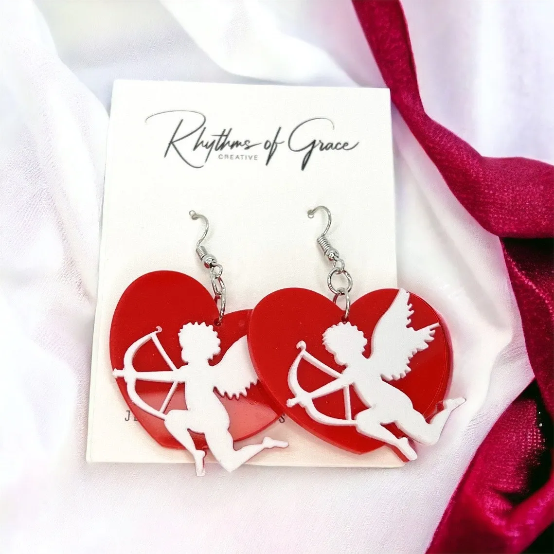 Cupid Earrings - Valentine’s Day, Heart Earrings, Valentine’s Earrings, Valentine Gift, Anniversary, Love Earrings, Cupid’s Arrow, Red Heart