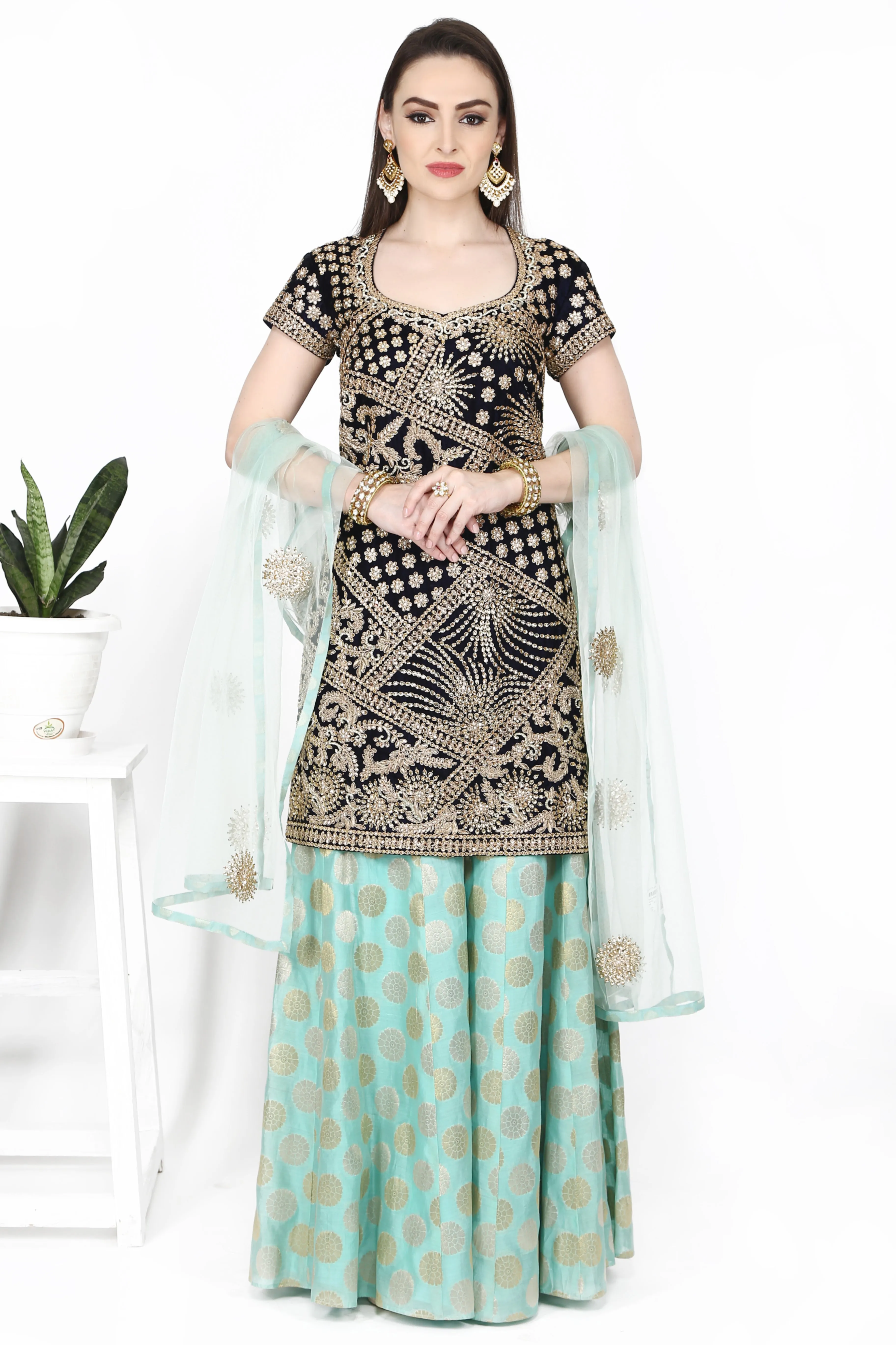 Dark Blue Tunic and Light Blue Sharara Set.