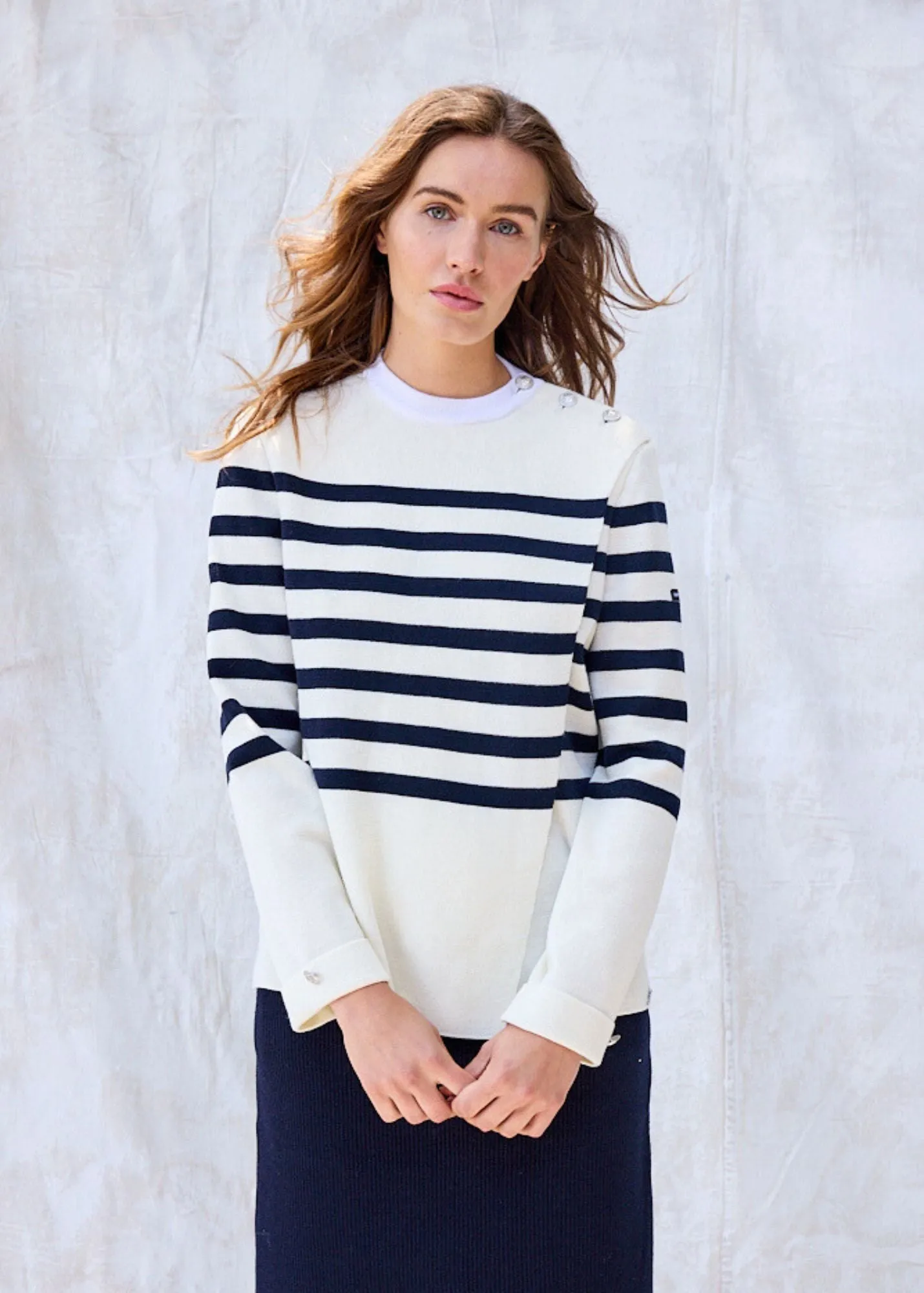 DOCKS - Striped Wool Fold-Over Sweater by Romain Brifault (IVORY / NAVY)