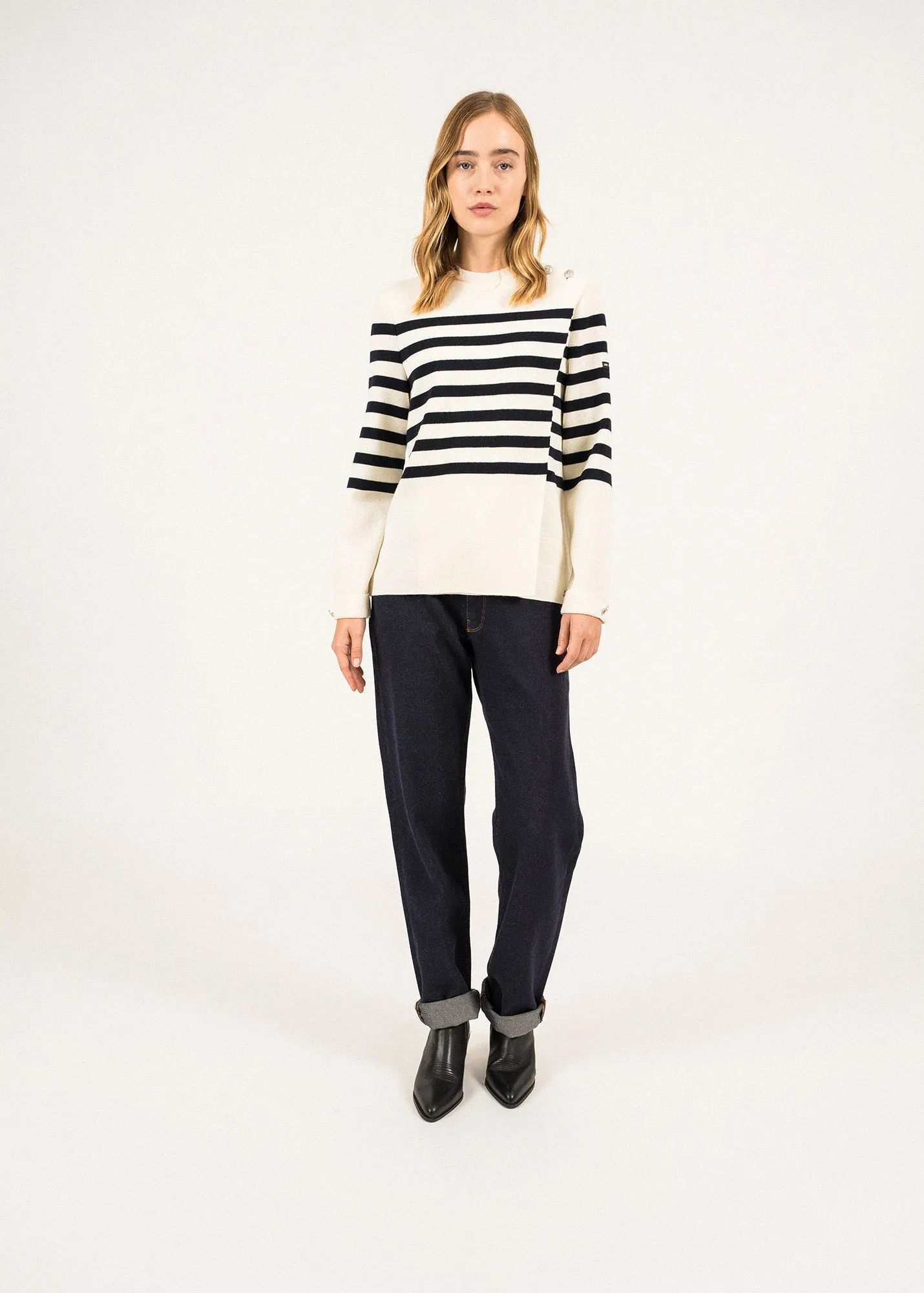 DOCKS - Striped Wool Fold-Over Sweater by Romain Brifault (IVORY / NAVY)