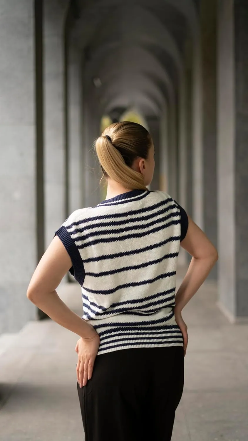 Dokotoo Sweater Vest Women Striped V Neck Button Vest for Women Vest Top Spring Cardigan Sweaters for Women 2025