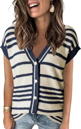 Dokotoo Sweater Vest Women Striped V Neck Button Vest for Women Vest Top Spring Cardigan Sweaters for Women 2025
