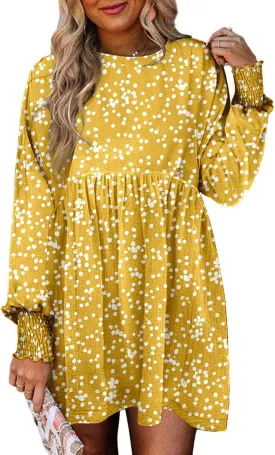 Dokotoo Womens Spring Summer Dress 2025 Long Sleeve Floral Boho Dresses Flowy Babydoll Shift Mini Dress