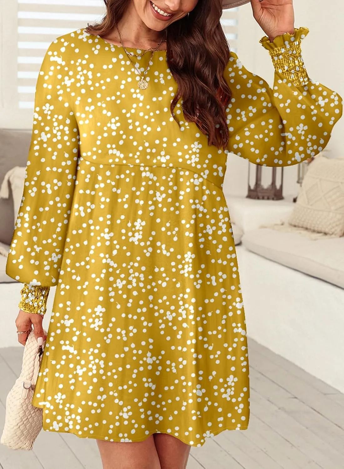 Dokotoo Womens Spring Summer Dress 2025 Long Sleeve Floral Boho Dresses Flowy Babydoll Shift Mini Dress