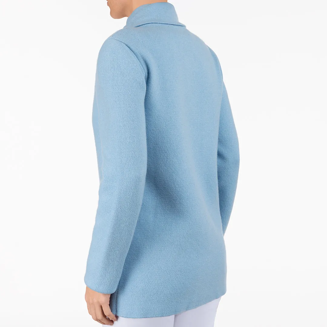 Double Collar Zip Front Cardigan in Light Blue
