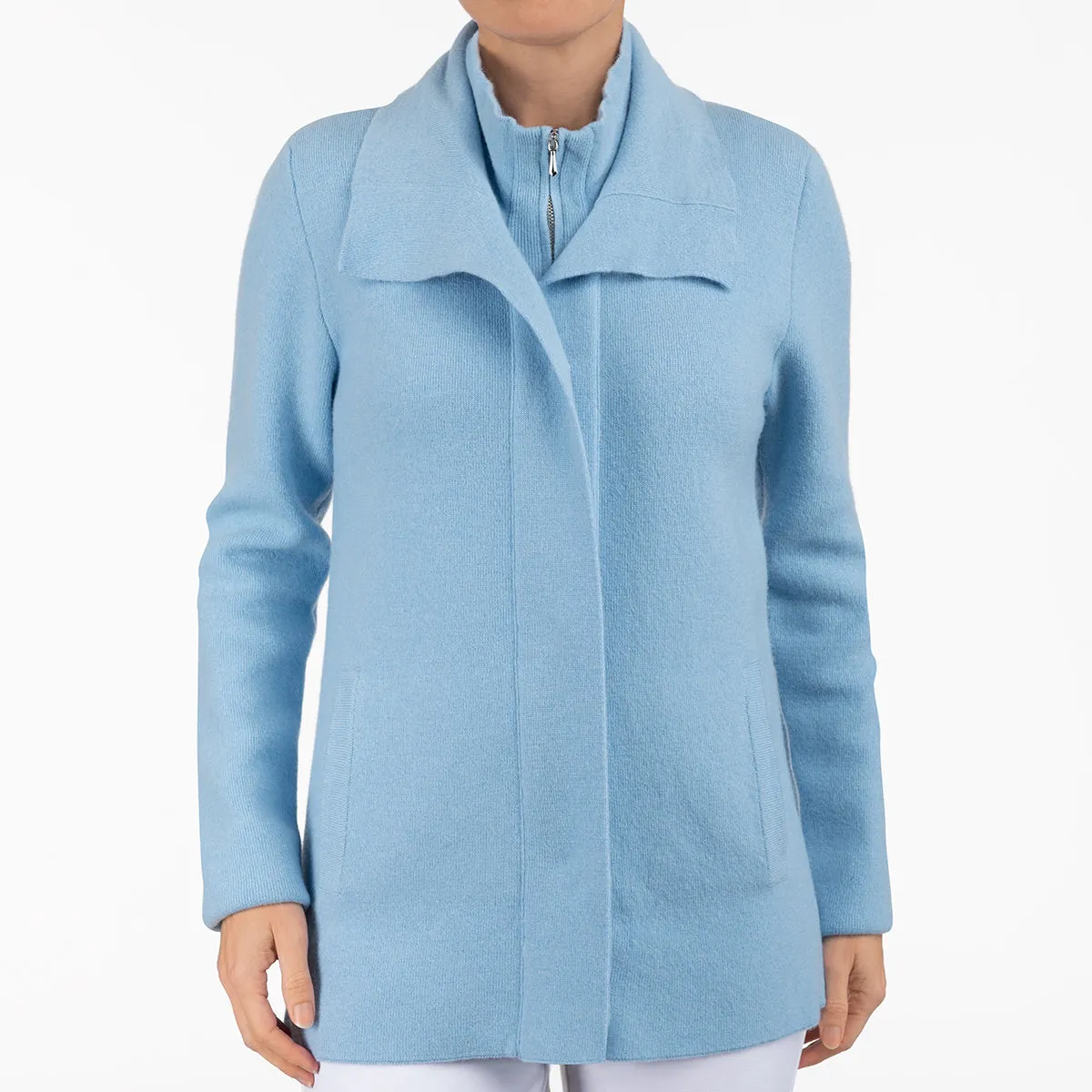 Double Collar Zip Front Cardigan in Light Blue