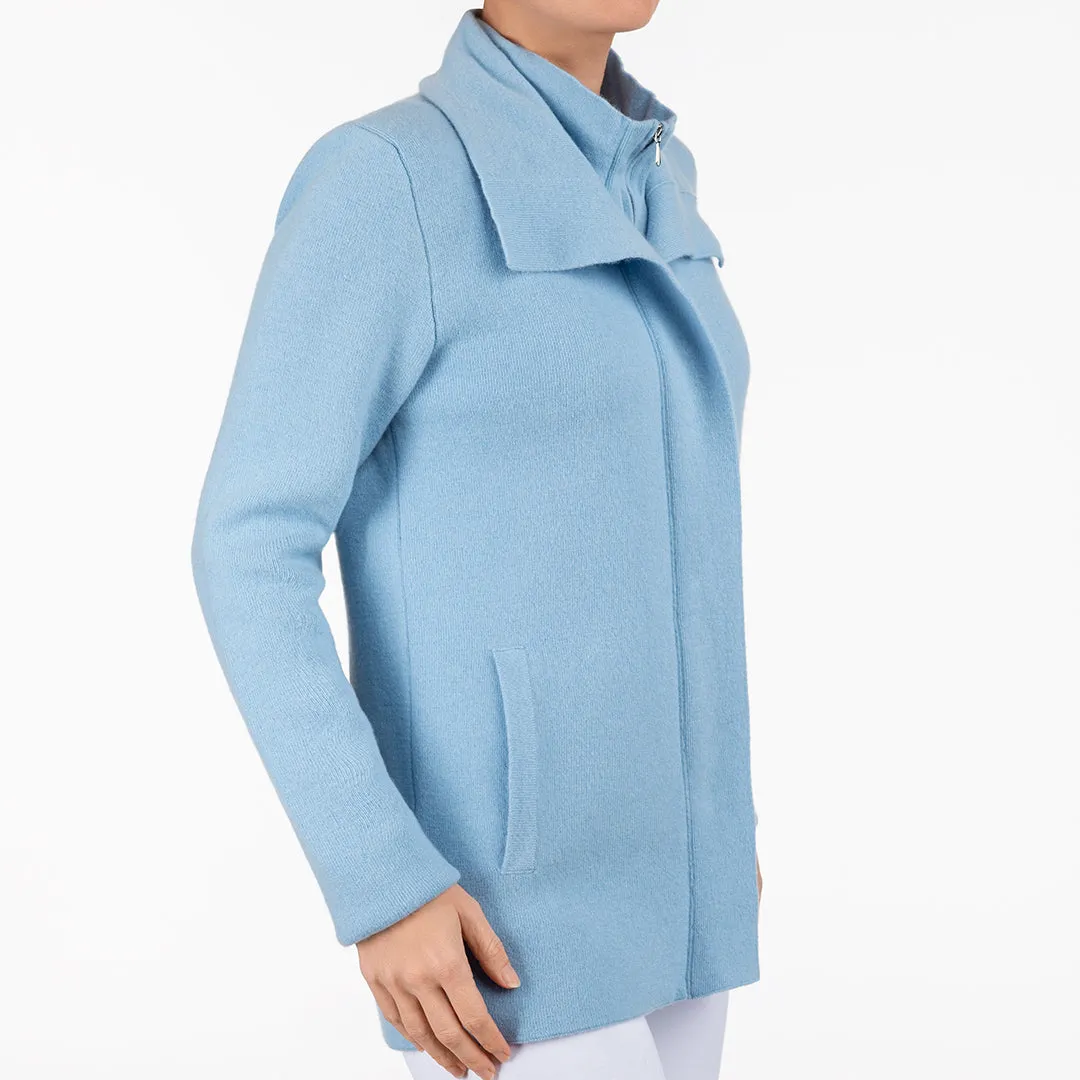 Double Collar Zip Front Cardigan in Light Blue