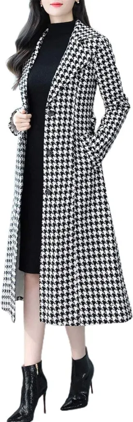 ebossy Women's Houndstooth Trench Coat Winter Single Breasted Quilt-Lined Long Coat