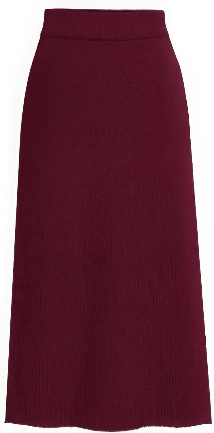 ebossy Women's Winter Warm High Waist Side Slit Wool Blend Long Skirts Rib Knit Stretchy Bodycon Pencil Skirt