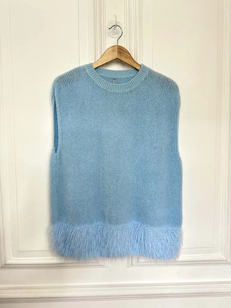 Feather Hem Soft Tank Knit - Baby Blue