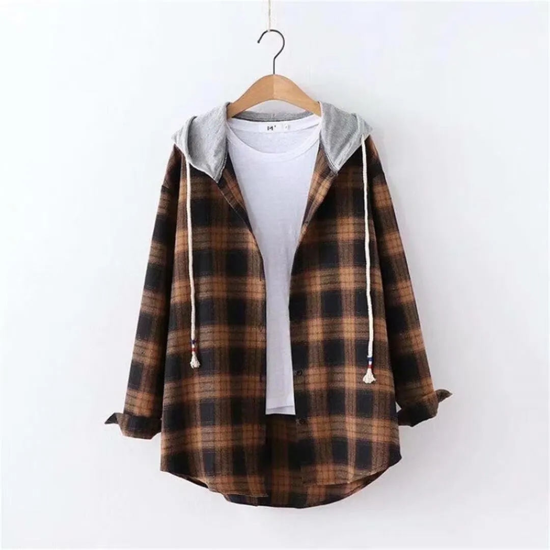 FMCHICO Women's Plaid Flannel Shirts Hoodie Long Sleeve Checked Shirt Jacket Button Down Blouse Tops