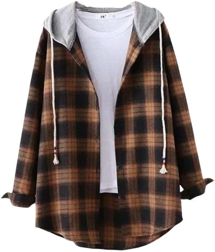 FMCHICO Women's Plaid Flannel Shirts Hoodie Long Sleeve Checked Shirt Jacket Button Down Blouse Tops