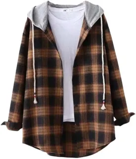 FMCHICO Women's Plaid Flannel Shirts Hoodie Long Sleeve Checked Shirt Jacket Button Down Blouse Tops