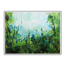 Framed horizontal blue & green abstract floral wall art print
