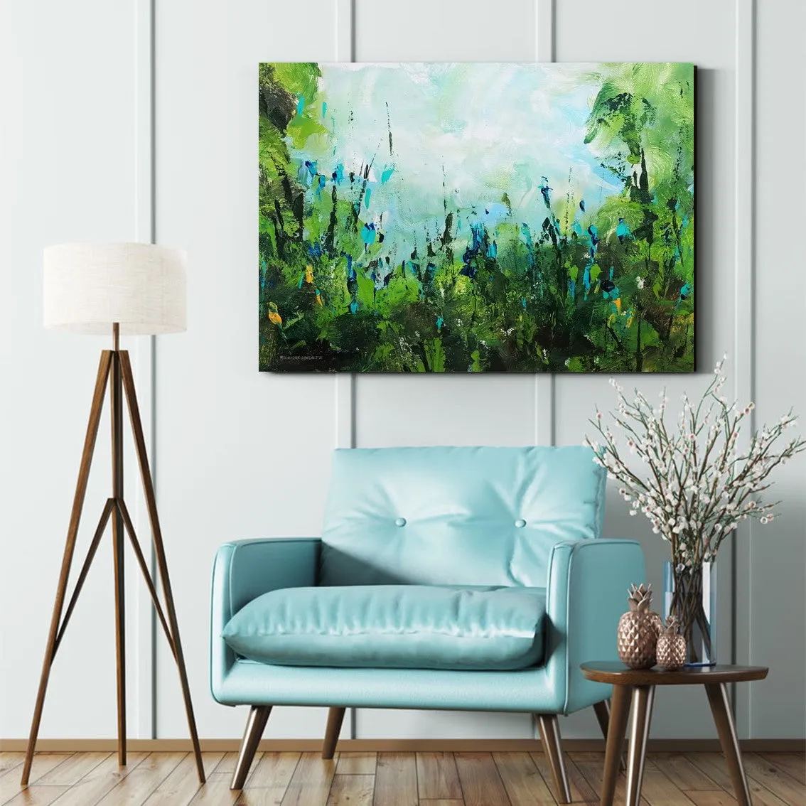 Framed horizontal blue & green abstract floral wall art print