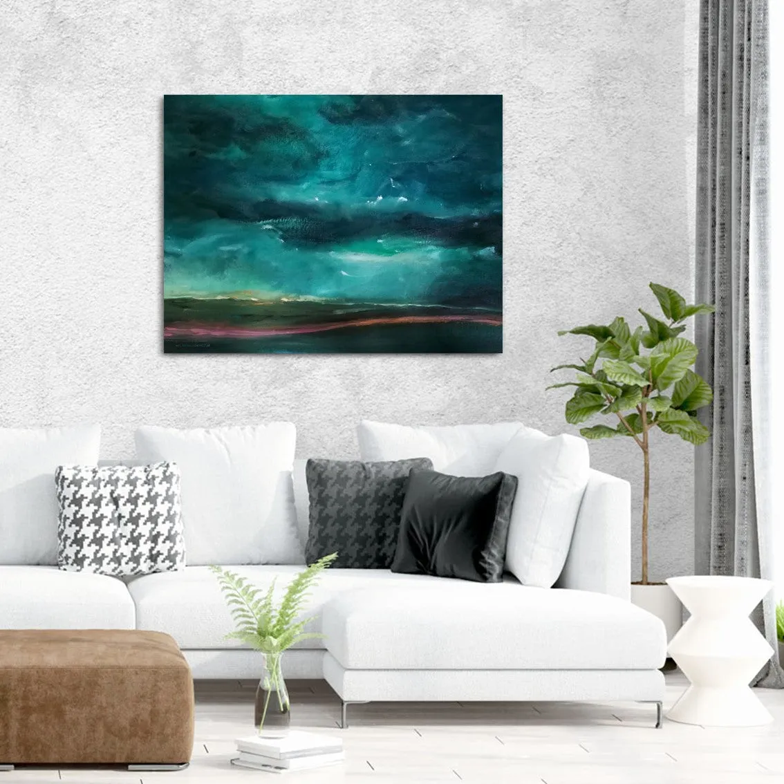 Framed horizontal green & pink abstract landscape wall art print