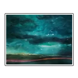 Framed horizontal green & pink abstract landscape wall art print