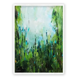 Framed vertical blue & green abstract floral wall art print