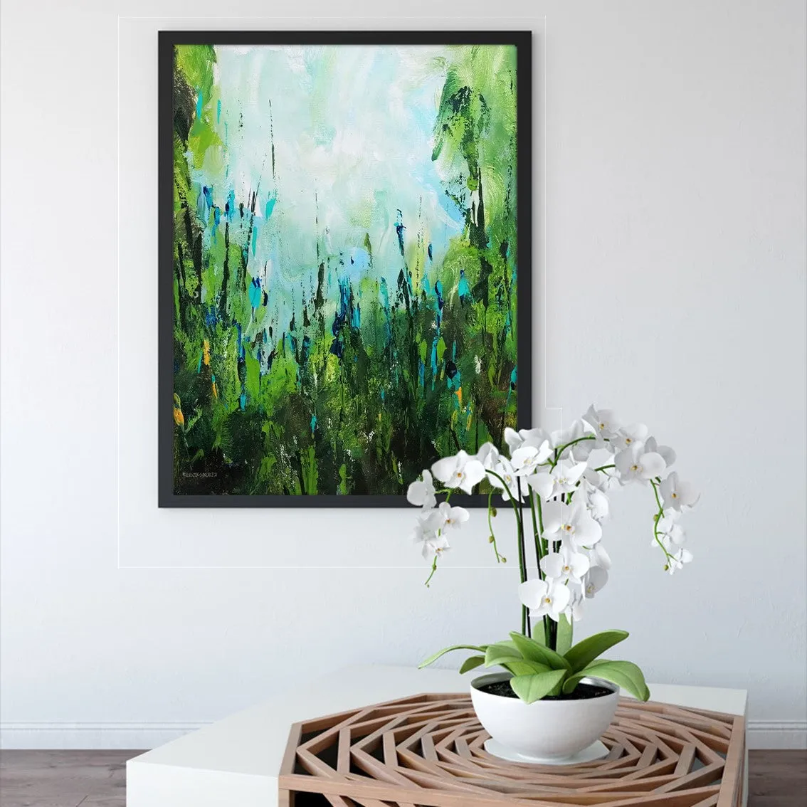 Framed vertical blue & green abstract floral wall art print