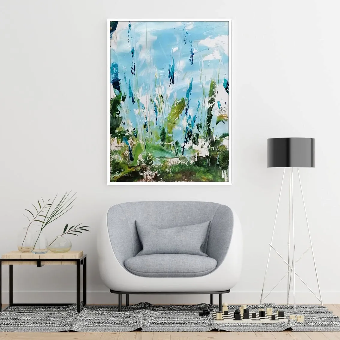Framed vertical blue & green abstract floral wall art print