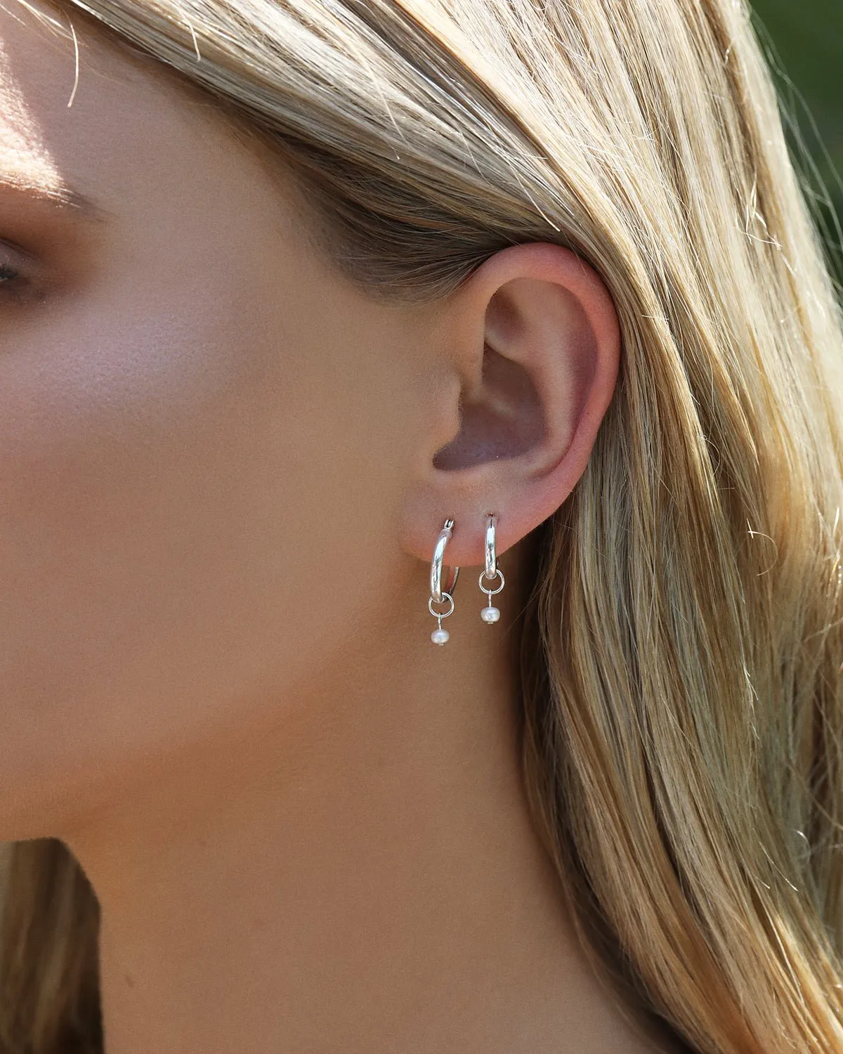 Freshwater Pearl Thick Hoop Earrings  - Sterling Silver