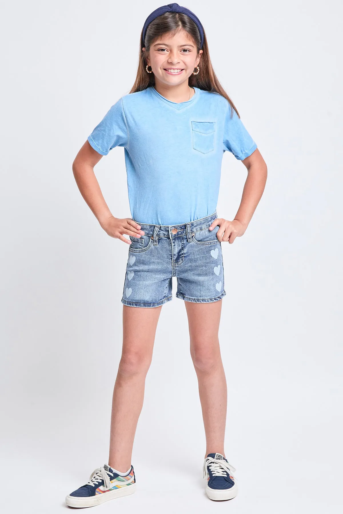 Girls White Heart Print Clean Hem Shorts