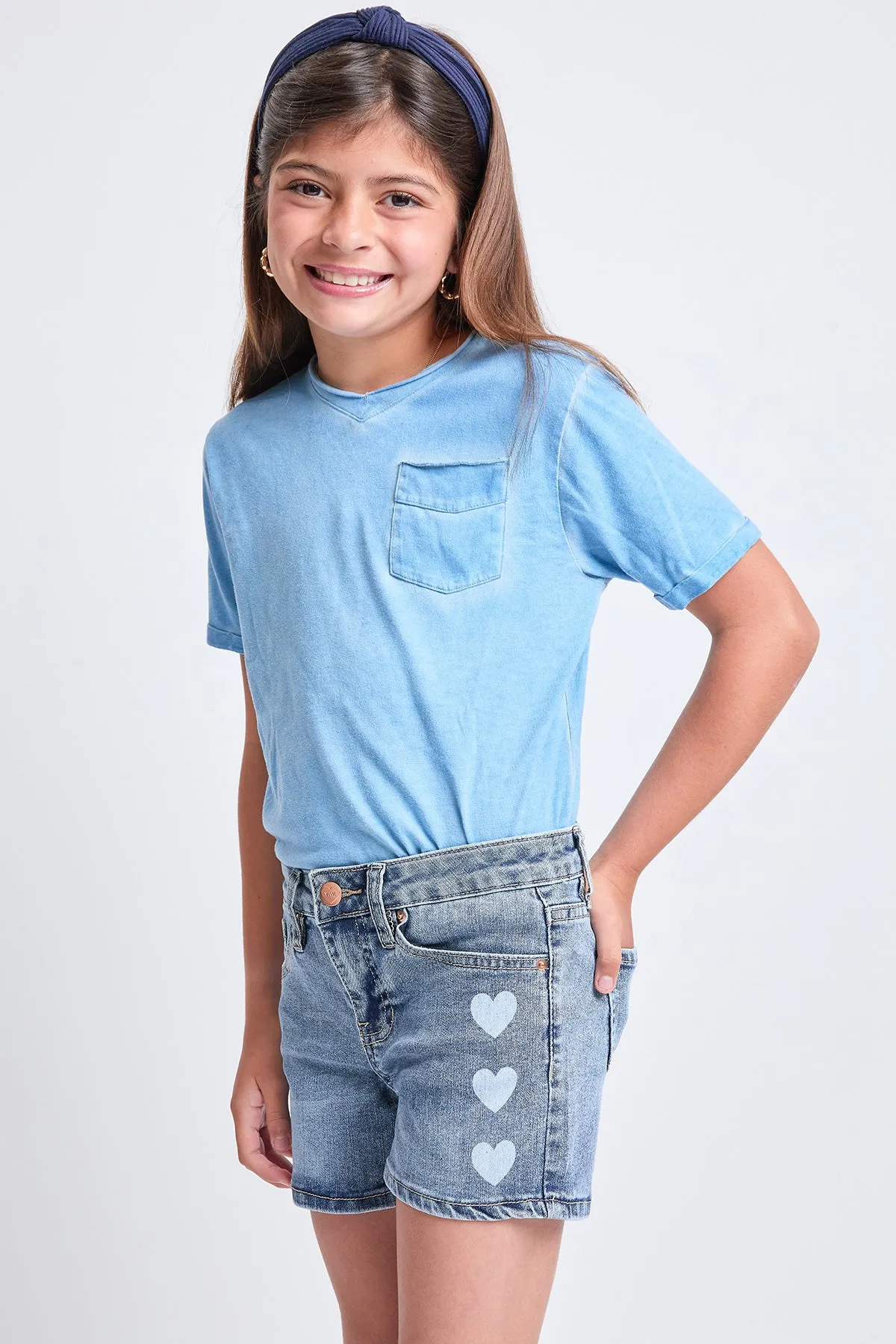 Girls White Heart Print Clean Hem Shorts