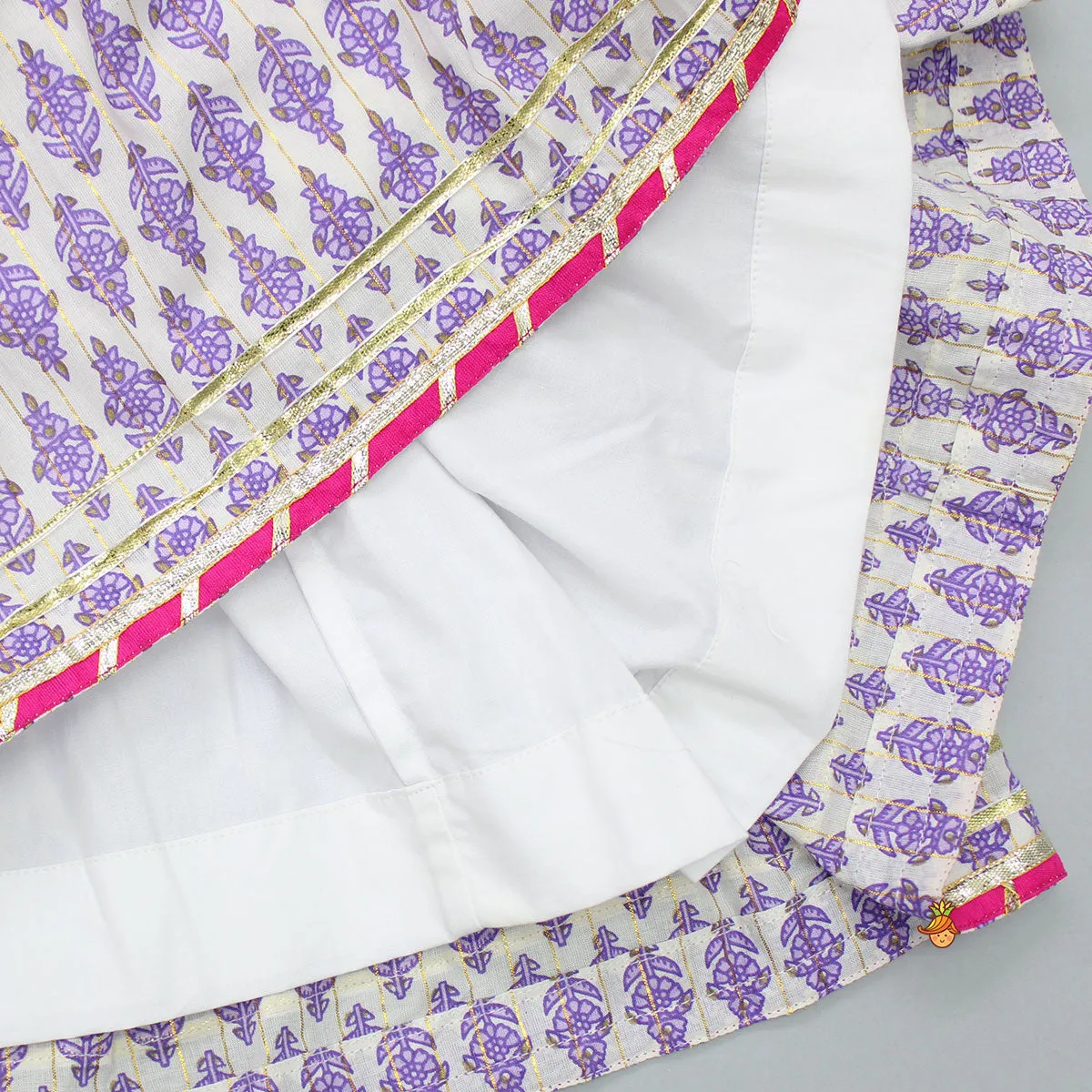Gota Lace Detail Yoke Lurex Striped Top And Floral Tassels Enhanced Lehenga With Matching Dupatta