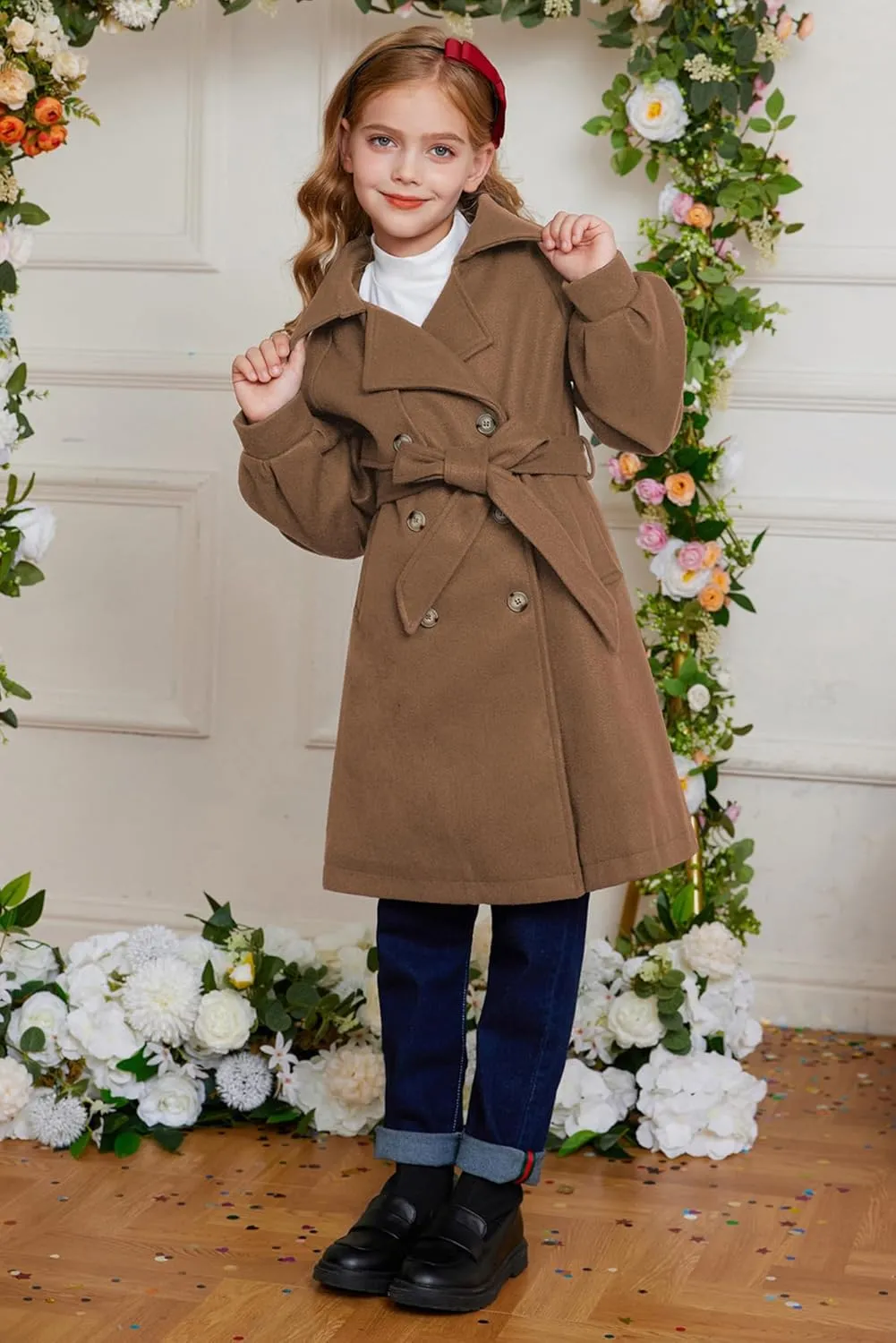 GRACE KARIN Girls Dress Coat Lapel Wool Blend Long Winter Jackets with Pockets Belt 6-14Y