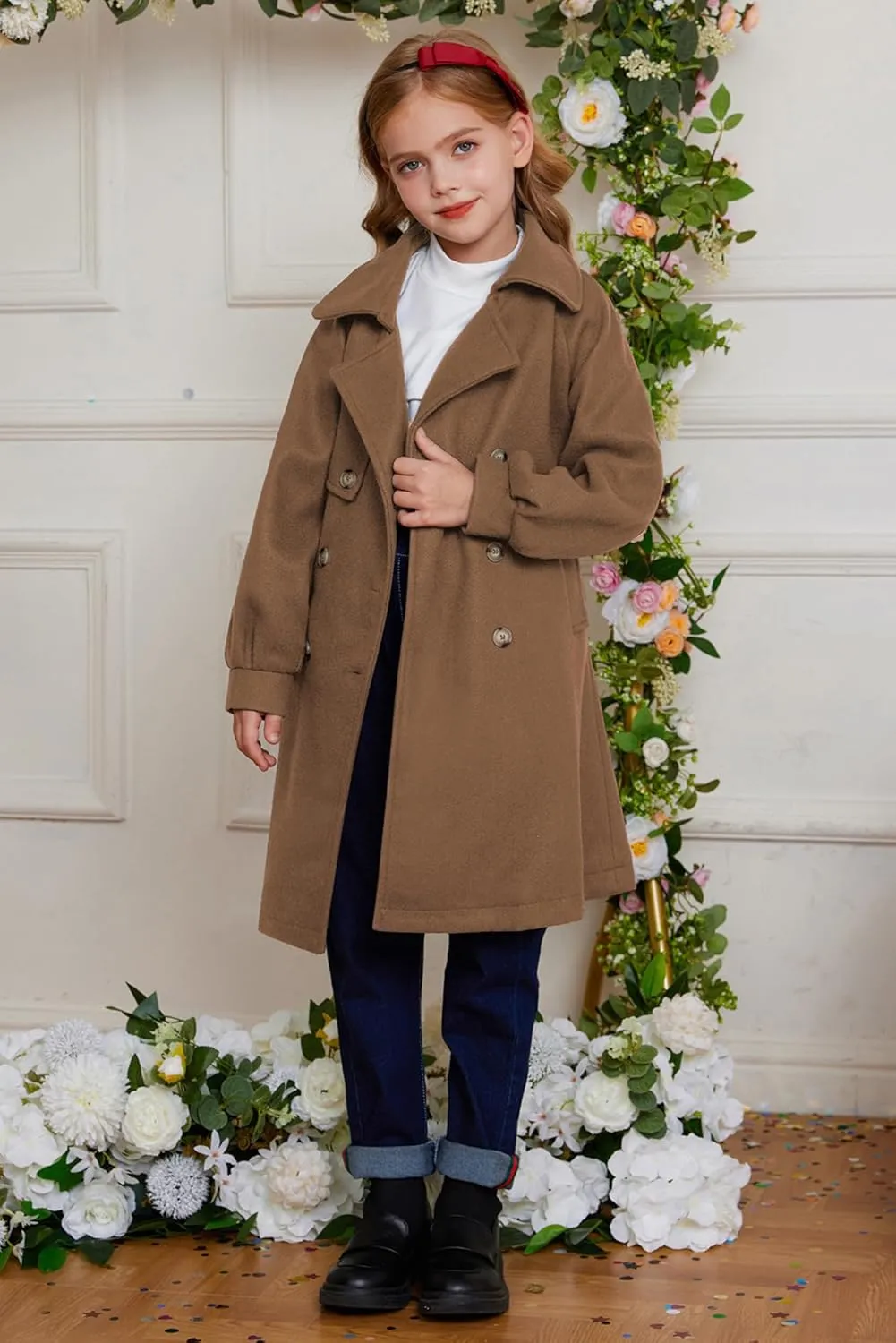 GRACE KARIN Girls Dress Coat Lapel Wool Blend Long Winter Jackets with Pockets Belt 6-14Y