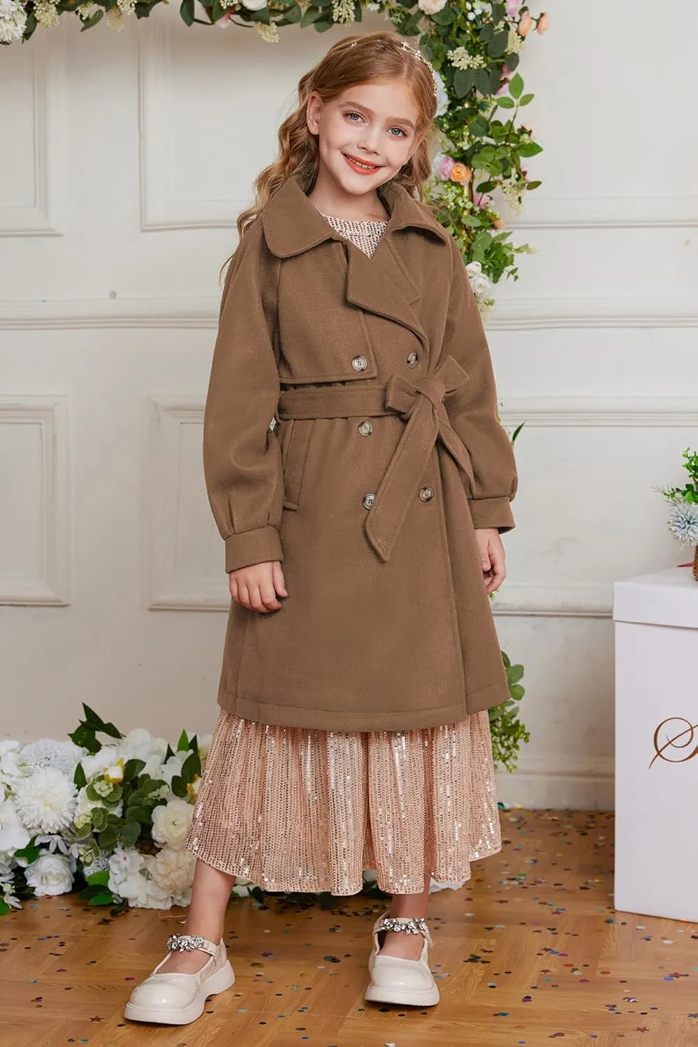 GRACE KARIN Girls Dress Coat Lapel Wool Blend Long Winter Jackets with Pockets Belt 6-14Y