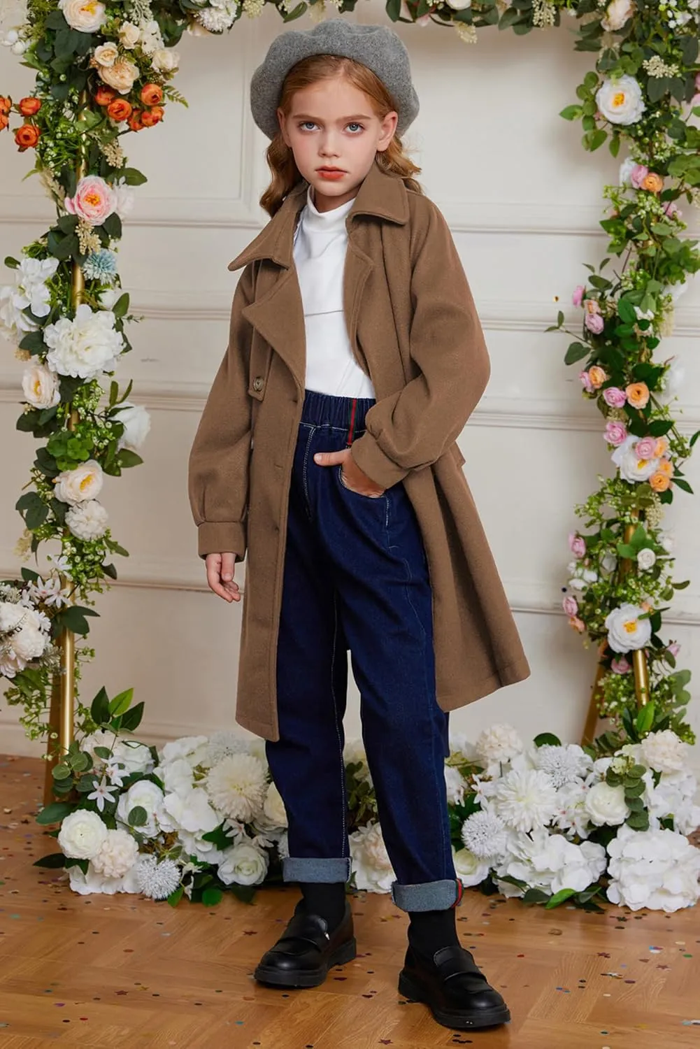 GRACE KARIN Girls Dress Coat Lapel Wool Blend Long Winter Jackets with Pockets Belt 6-14Y