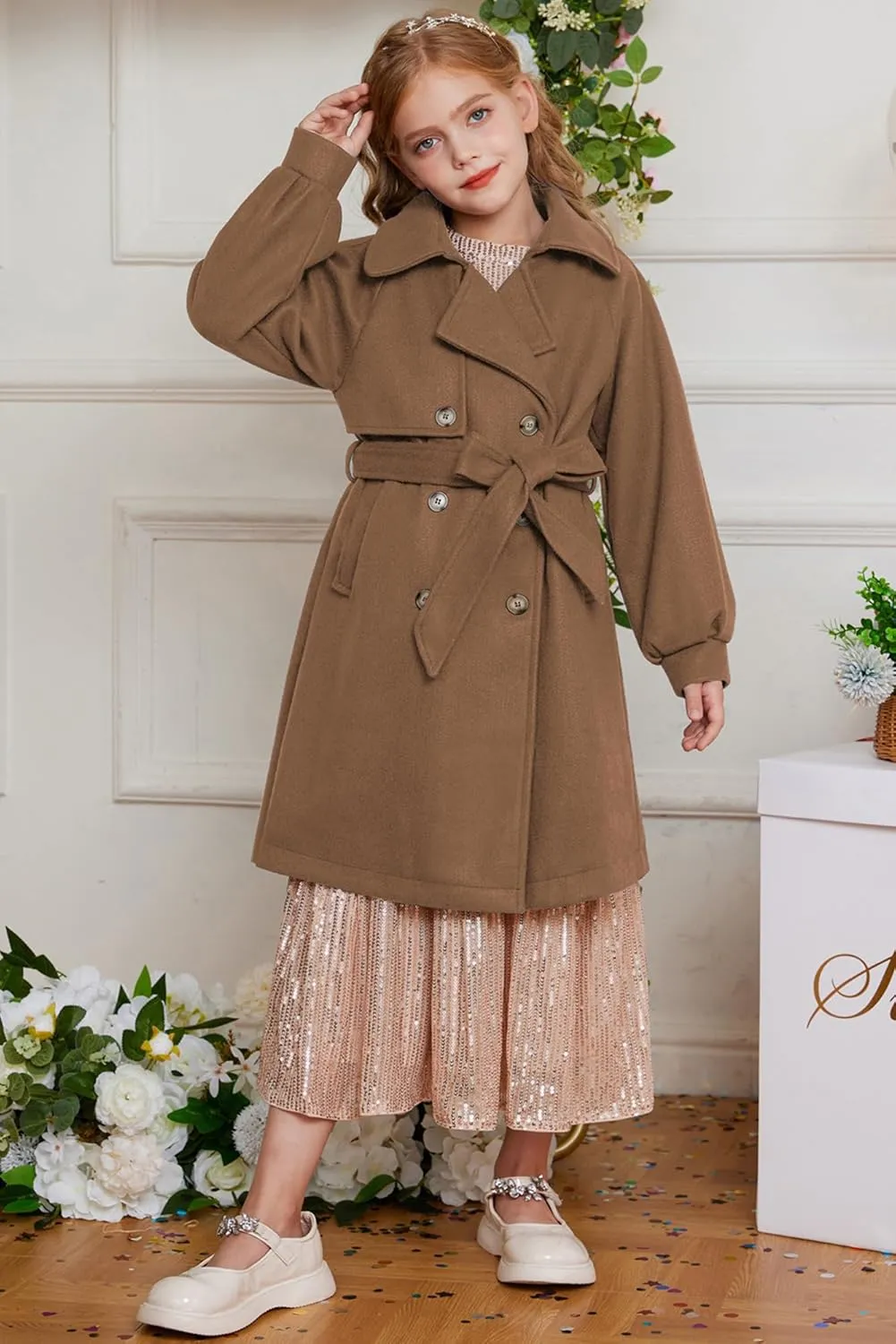 GRACE KARIN Girls Dress Coat Lapel Wool Blend Long Winter Jackets with Pockets Belt 6-14Y