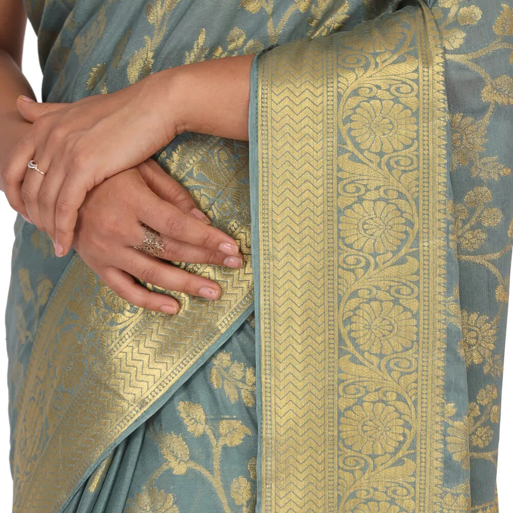 Gray and Gold soft khaddi Georgette banarasi saree