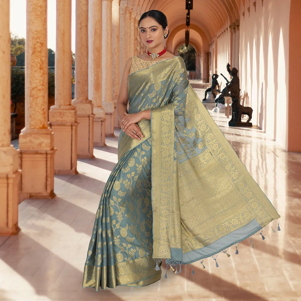 Gray and Gold soft khaddi Georgette banarasi saree